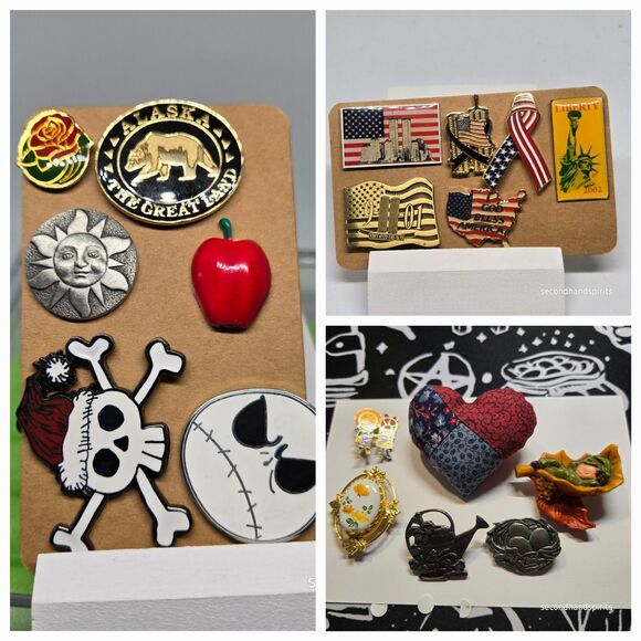 Lot of 18 Vintage Brooches Tac Pins Wide Variety Plastic Metal Wood Patriotic - Picture 1 of 14